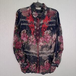 Vintage Goa Top Womens Medium Floral Embroidered Button Down Boho Tunic Blouse